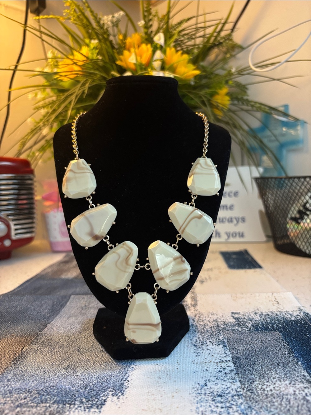 Cream Marbled Bib Necklace with Gold Chain - Women Jewelry